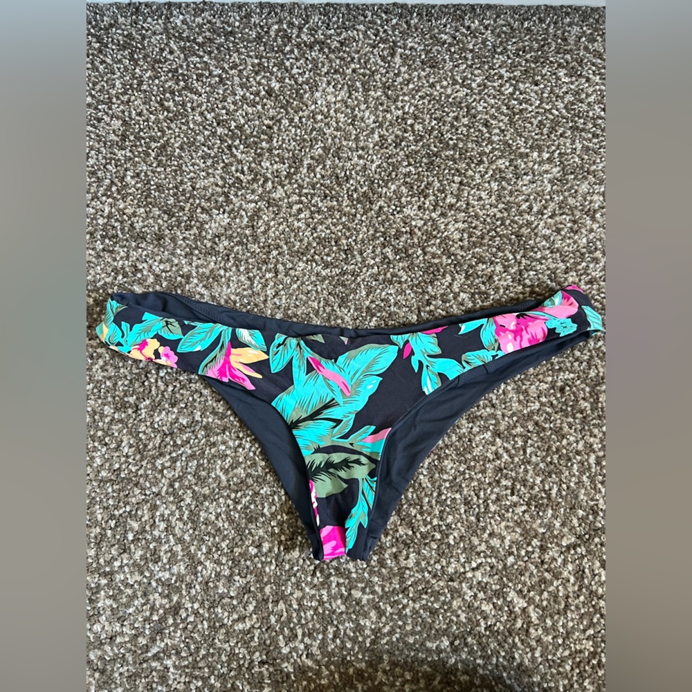 Rip Curl Black Bikini Bottom with Teal and Pink Tropical Print
